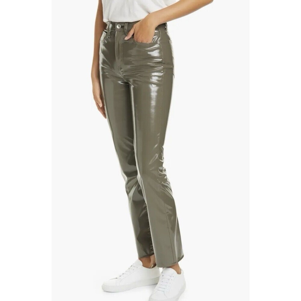 Rag & Bone Pants Nina Vinyl Cigarette Straight High Rise Army Green 25 NWT $495